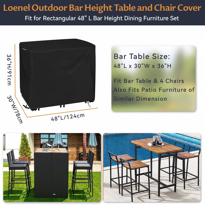 Loenel Outdoor Bar Height Table and Chair Cover  Heavy Duty Waterproof Patio Bar Set Cover for Rectangular 48"" Long Bar Height Dining Furniture Set - 48""L x 30""W x 36""H - Image 3